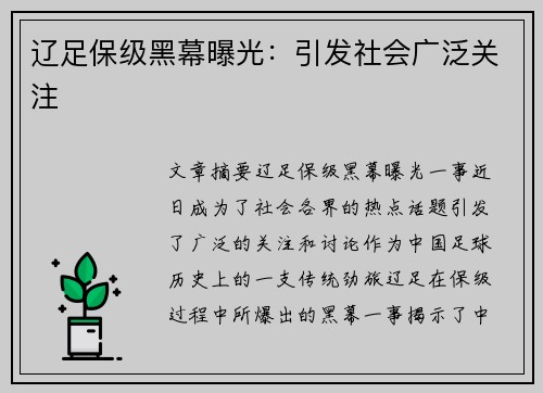 辽足保级黑幕曝光:引发社会广泛关注 辽足保级黑幕曝光:引发社会广泛关注