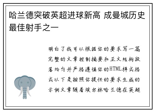 哈兰德突破英超进球新高 成曼城历史最佳射手之一 哈兰德突破英超进球新高 成曼城历史最佳射手之一
